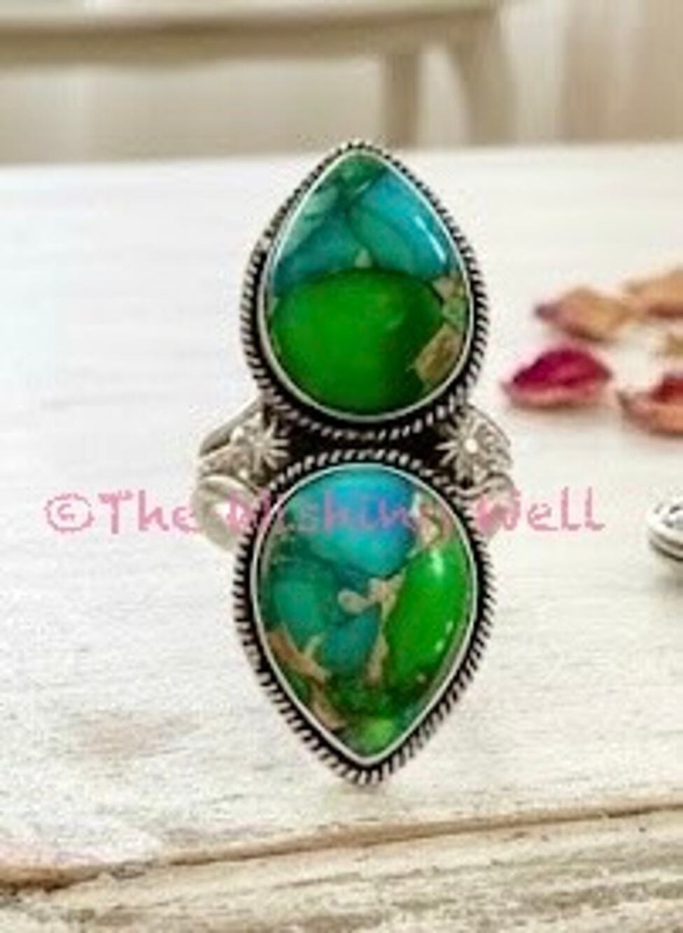 Peacock Dahlia Turquoise Two Stone Ring  Size 11